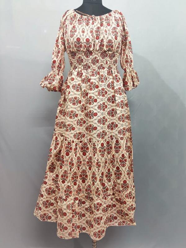 Brick Floral Print Maxi Gown with waistband made of Cotton fabric